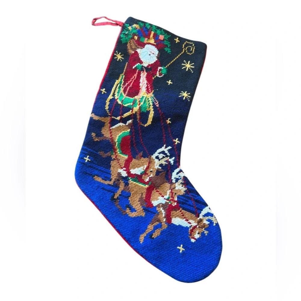 VTG Needlepoint Christmas Stocking Santa Sleigh Reindeer Night Sky Wool